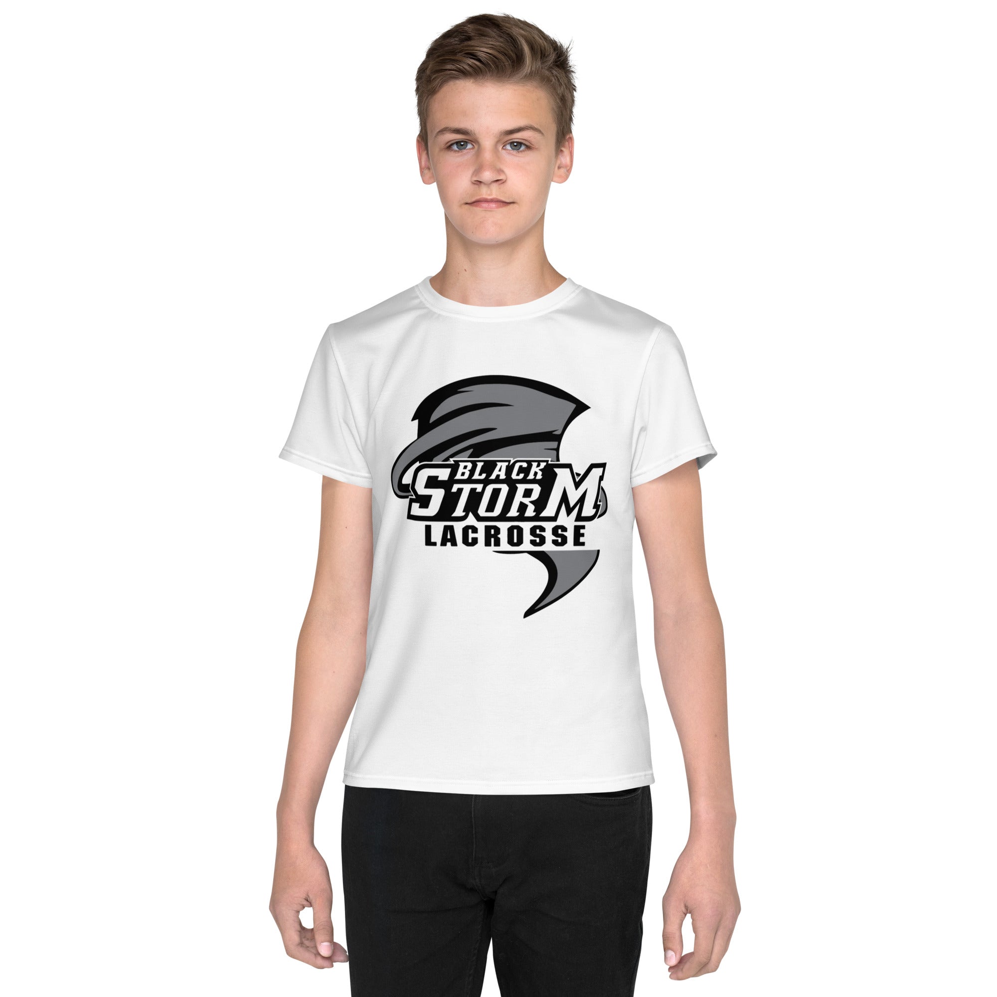 Camiseta de tirador juvenil de lacrosse Black Storm en color blanco