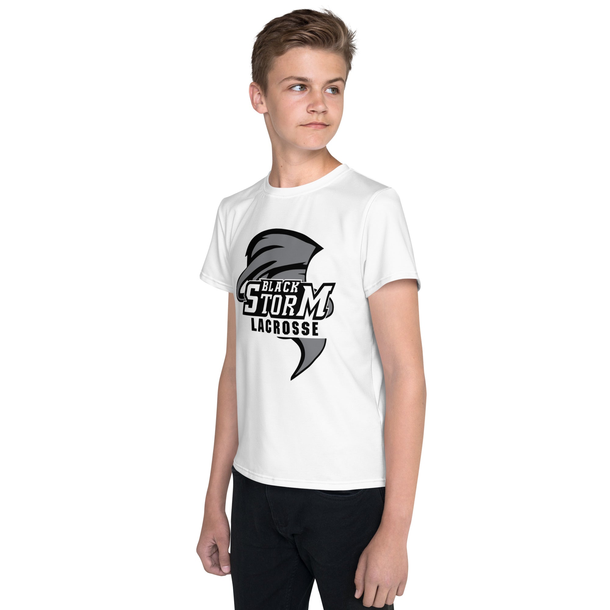 Camiseta de tirador juvenil de lacrosse Black Storm en color blanco