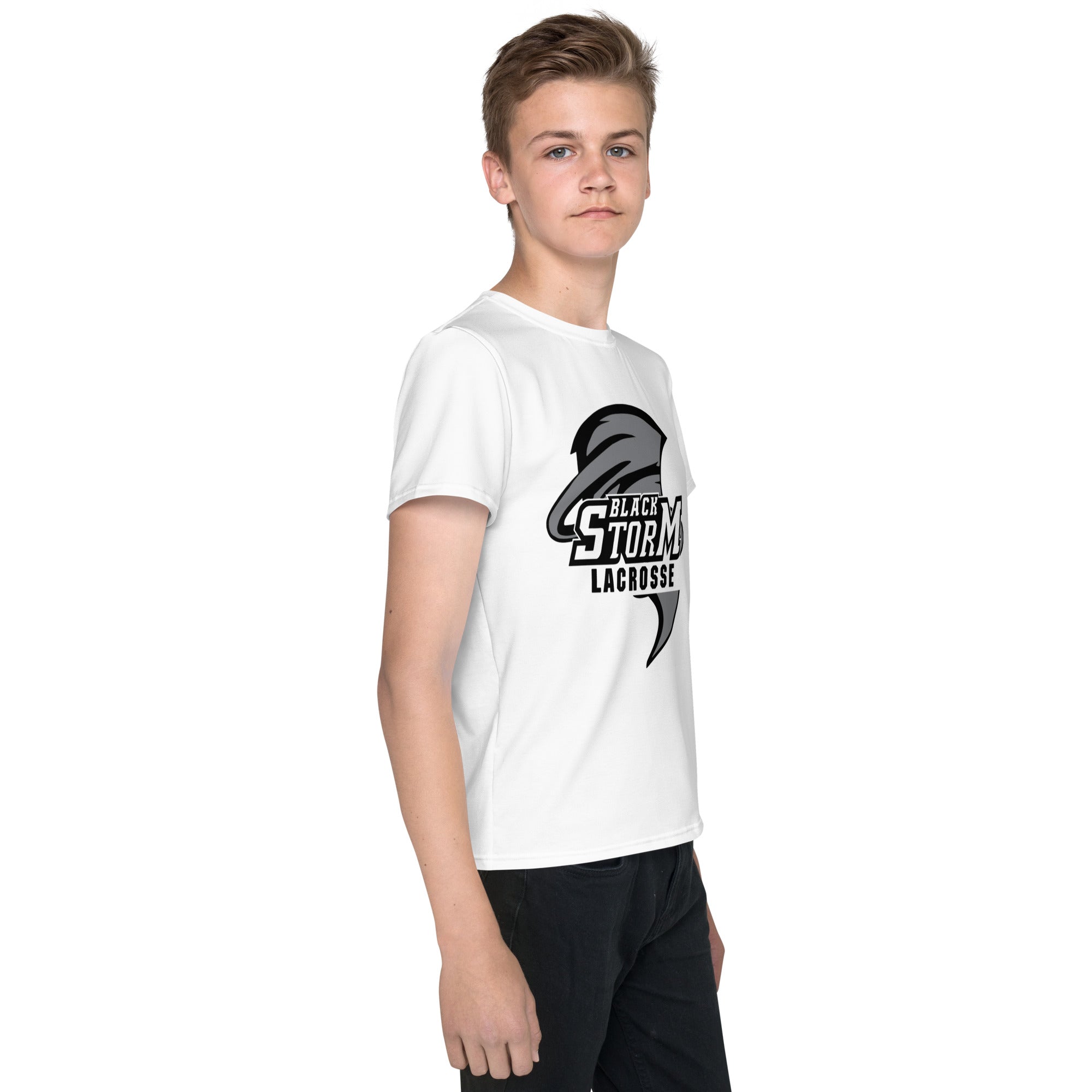 Camiseta de tirador juvenil de lacrosse Black Storm en color blanco