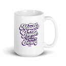 Taza blanca brillante MGC Estamos aquí para servirle