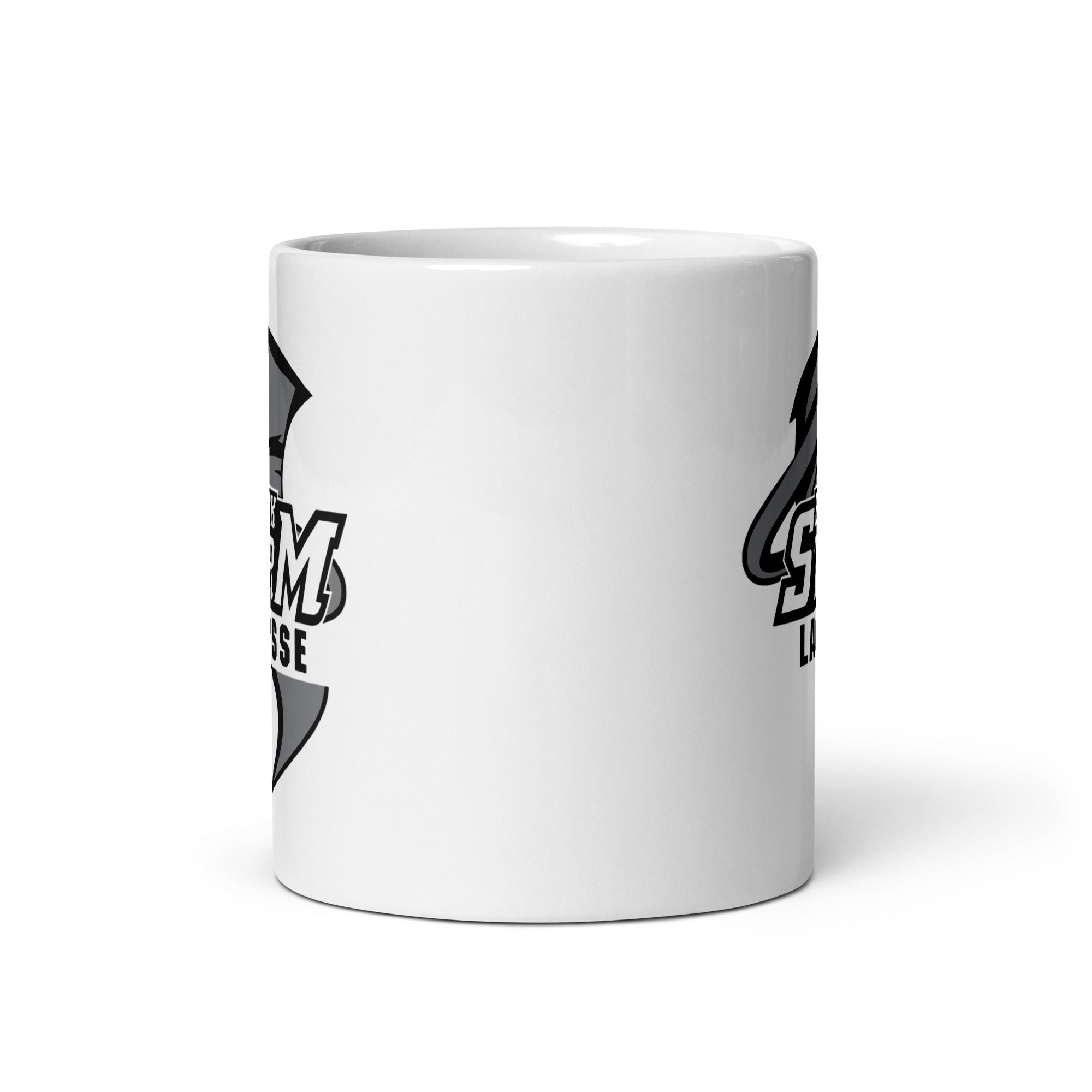Taza blanca brillante de lacrosse de Black Storm
