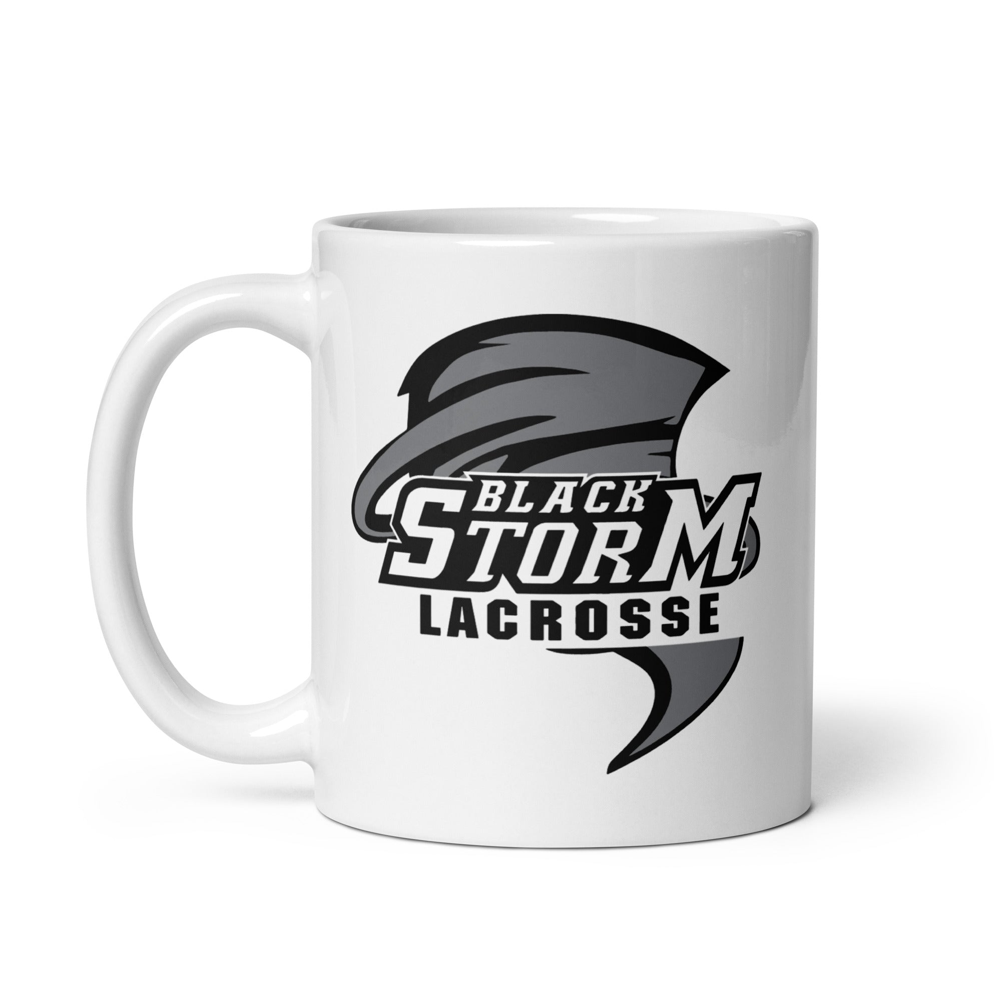 Taza blanca brillante de lacrosse de Black Storm