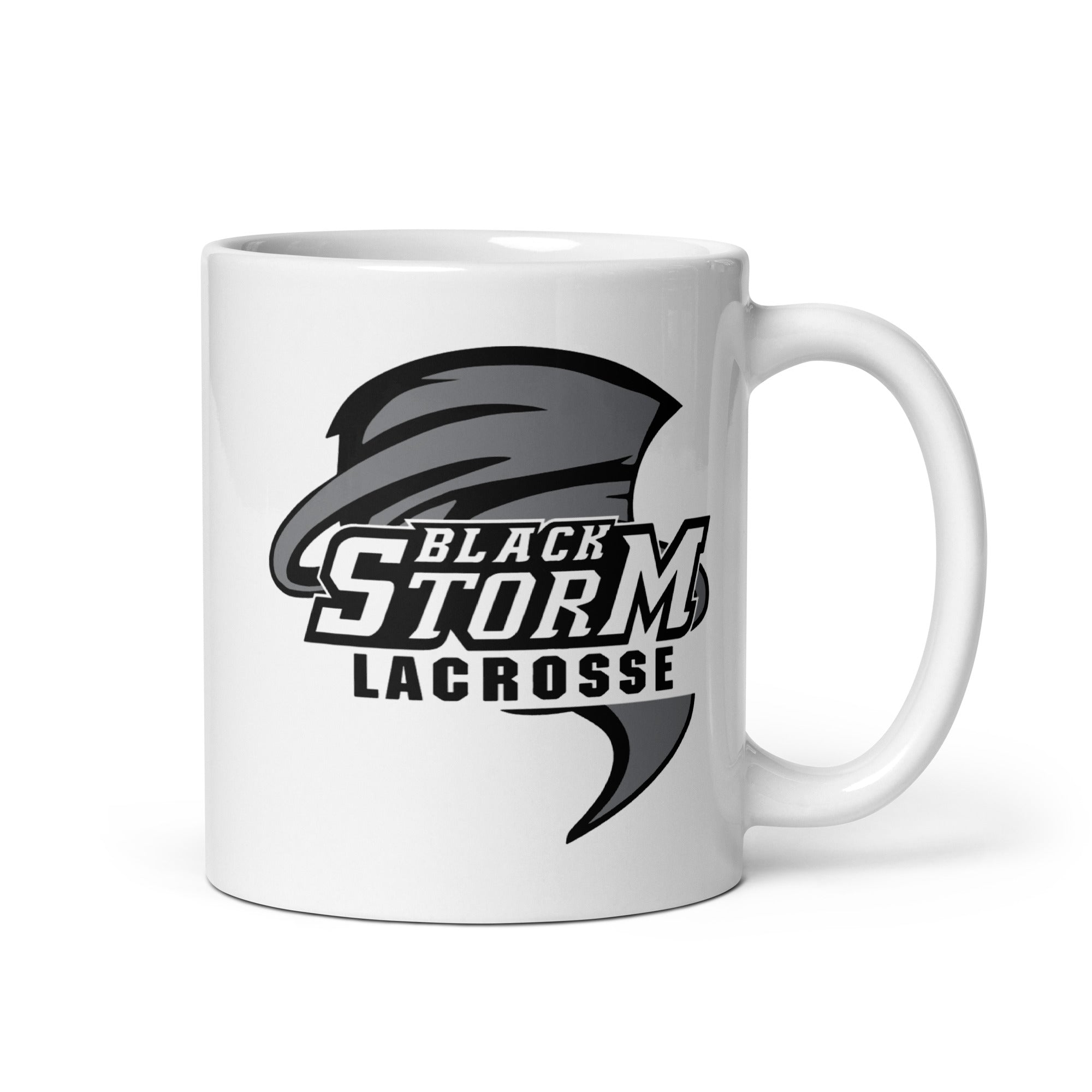 Taza blanca brillante de lacrosse de Black Storm