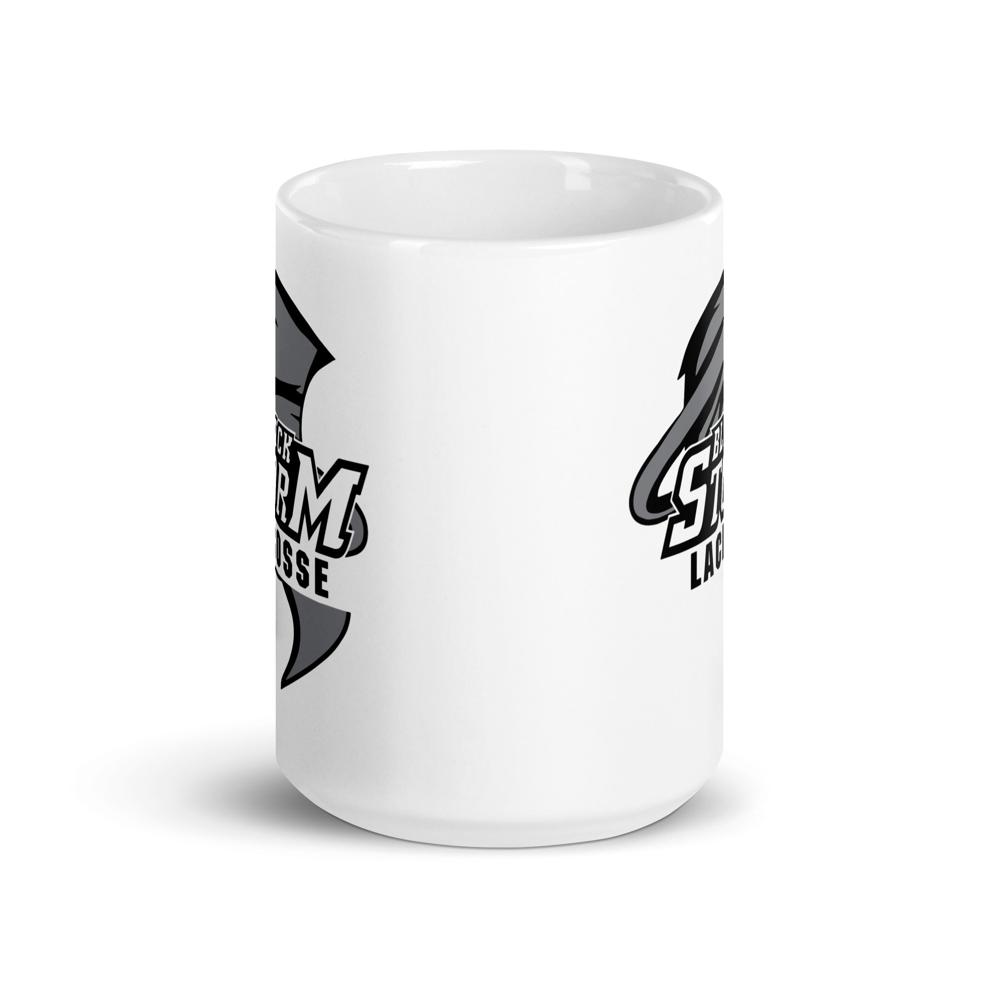 Taza blanca brillante de lacrosse de Black Storm
