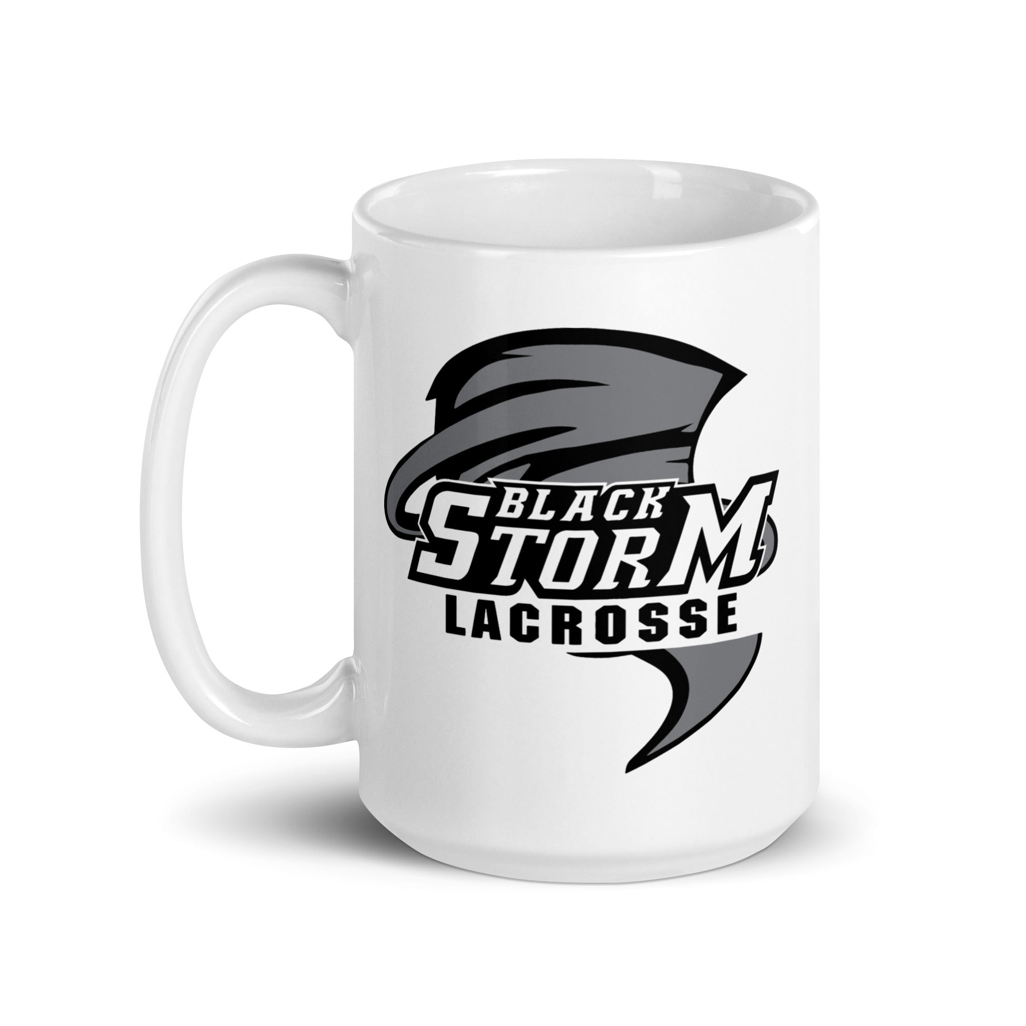 Taza blanca brillante de lacrosse de Black Storm