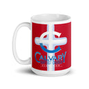Taza blanca brillante de la Iglesia Bautista del Calvario