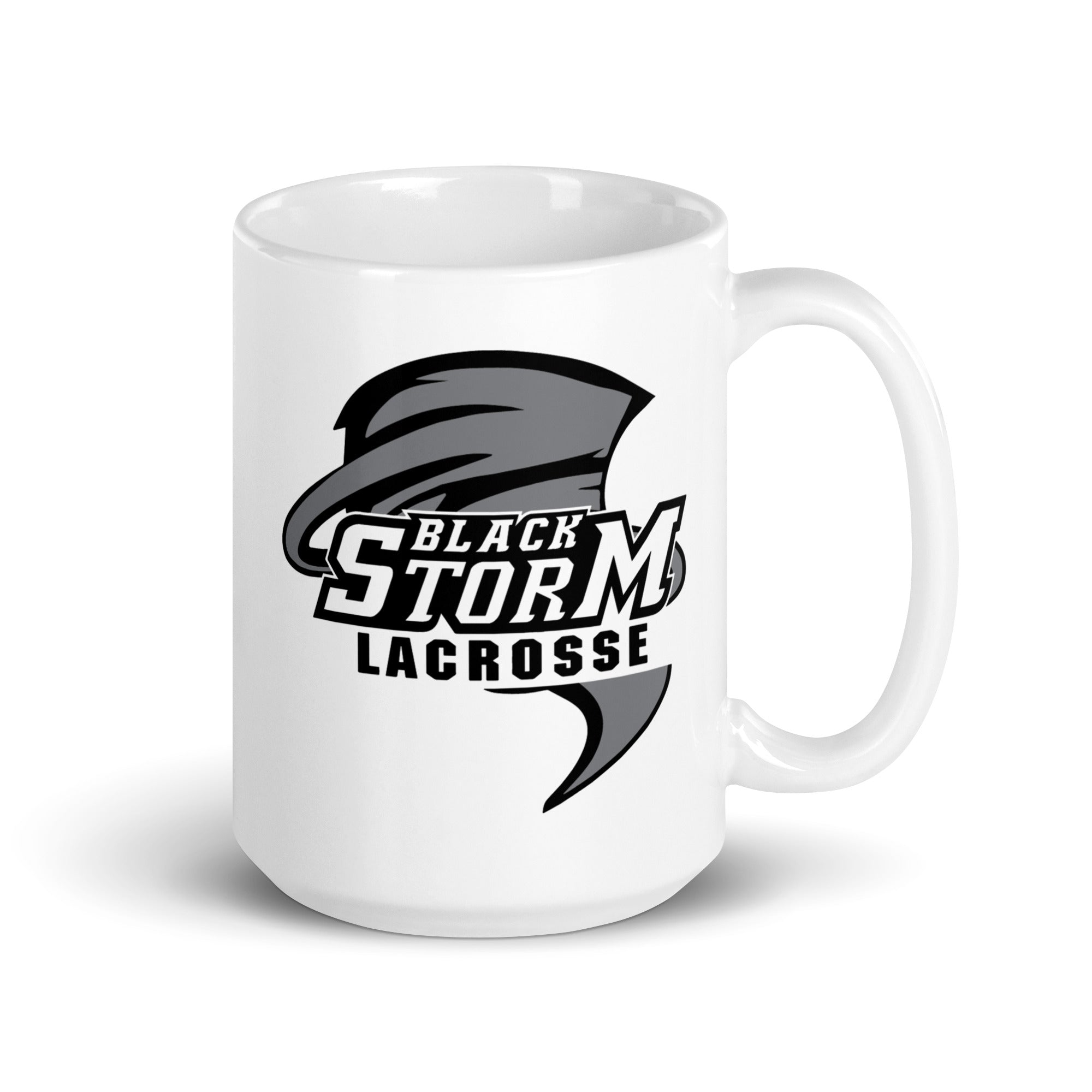 Taza blanca brillante de lacrosse de Black Storm